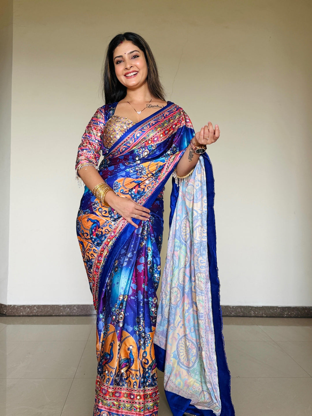 Women Designer Peacock &amp; Floral Digital Print Saree with Contrast Border &amp; Attached Blouse | Premium Party Wear Saree