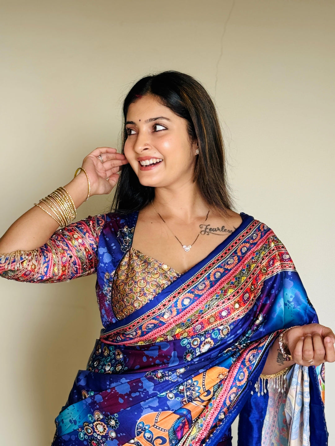 Women Designer Peacock &amp; Floral Digital Print Saree with Contrast Border &amp; Attached Blouse | Premium Party Wear Saree