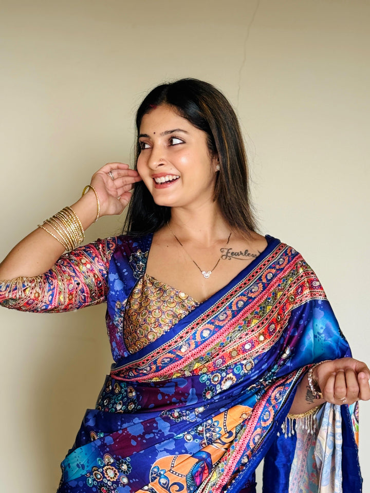 Women Designer Peacock &amp; Floral Digital Print Saree with Contrast Border &amp; Attached Blouse | Premium Party Wear Saree