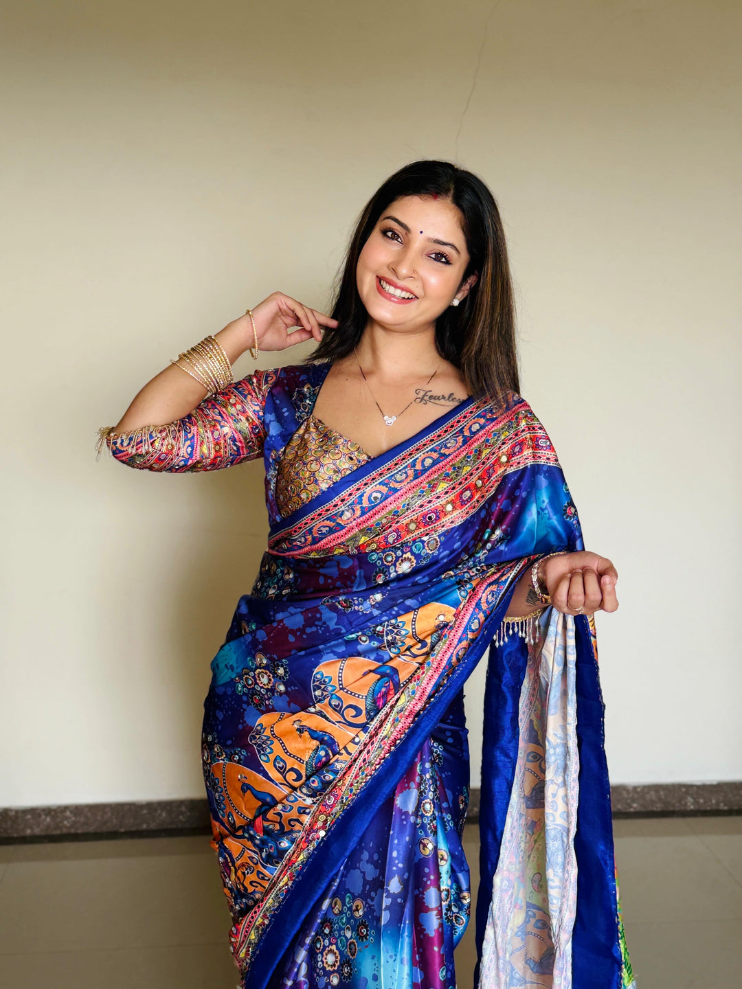 Women Designer Peacock &amp; Floral Digital Print Saree with Contrast Border &amp; Attached Blouse | Premium Party Wear Saree
