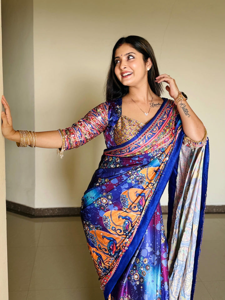 Women Designer Peacock &amp; Floral Digital Print Saree with Contrast Border &amp; Attached Blouse | Premium Party Wear Saree