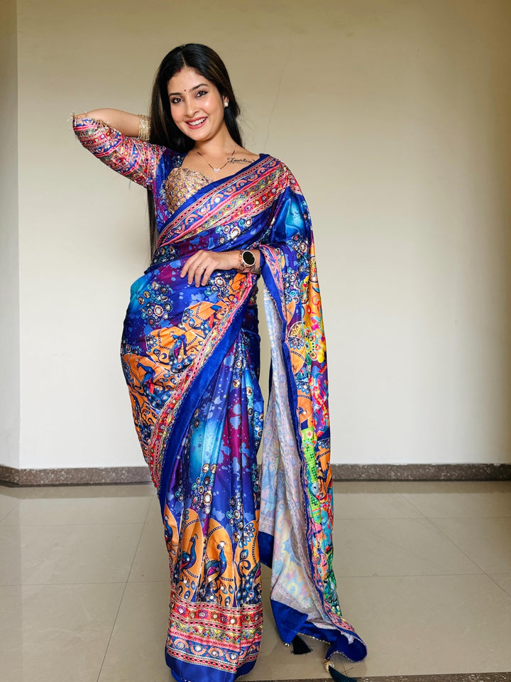 Women Designer Peacock &amp; Floral Digital Print Saree with Contrast Border &amp; Attached Blouse | Premium Party Wear Saree