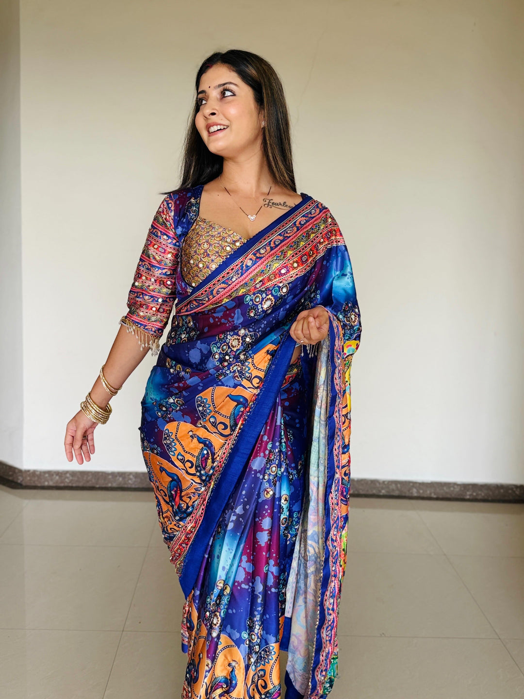 Women Designer Peacock &amp; Floral Digital Print Saree with Contrast Border &amp; Attached Blouse | Premium Party Wear Saree