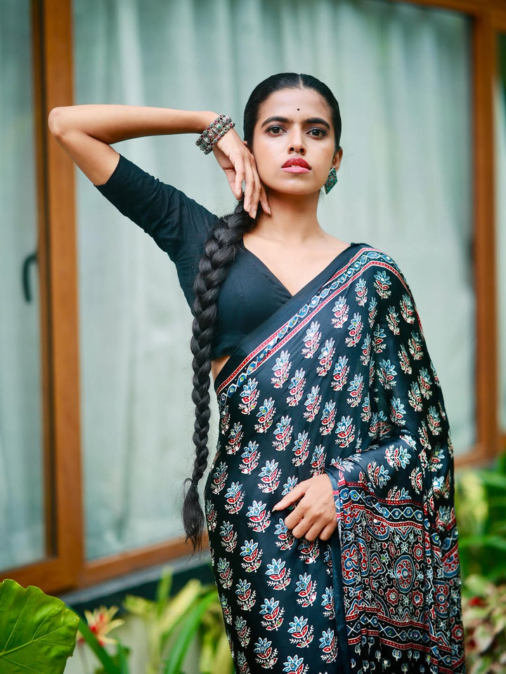 Midnight Black Pure Modal Silk Saree with Ajrakh Inspired Floral Print &amp; Heritage Designer Pall
