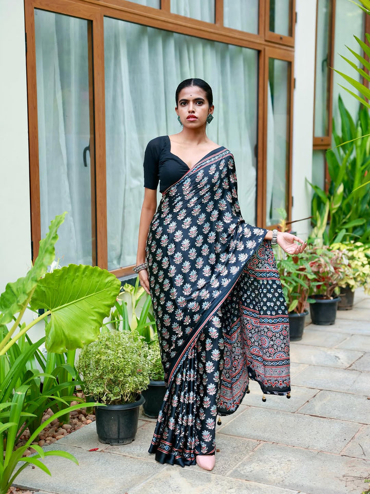 Midnight Black Pure Modal Silk Saree with Ajrakh Inspired Floral Print &amp; Heritage Designer Pall