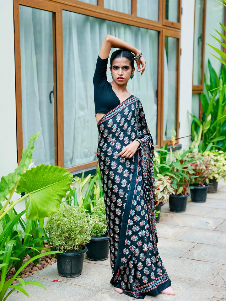 Midnight Black Pure Modal Silk Saree with Ajrakh Inspired Floral Print &amp; Heritage Designer Pall