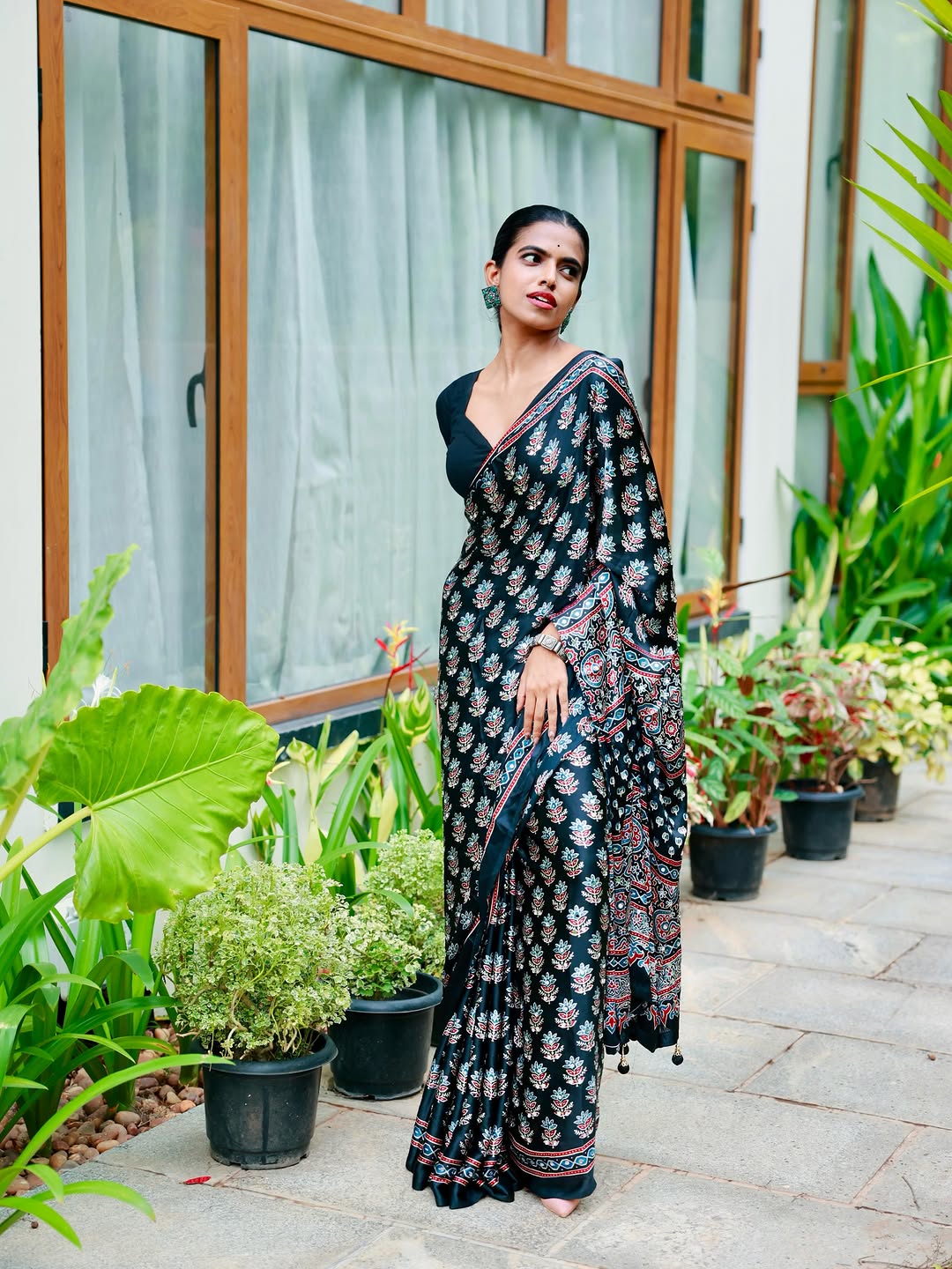 Midnight Black Pure Modal Silk Saree with Ajrakh Inspired Floral Print &amp; Heritage Designer Pall
