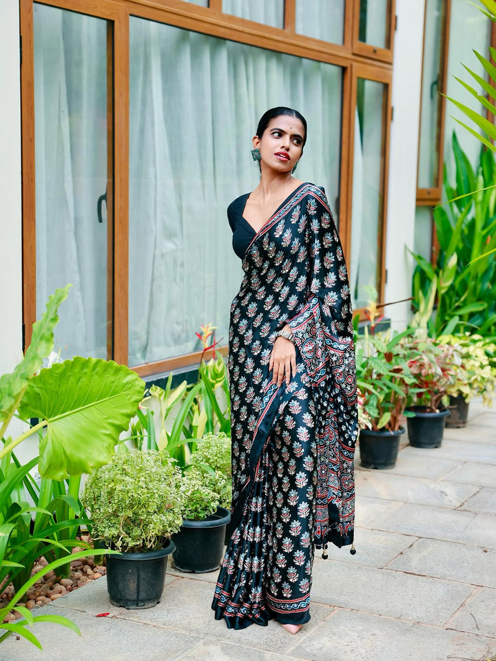 Midnight Black Pure Modal Silk Saree with Ajrakh Inspired Floral Print &amp; Heritage Designer Pall