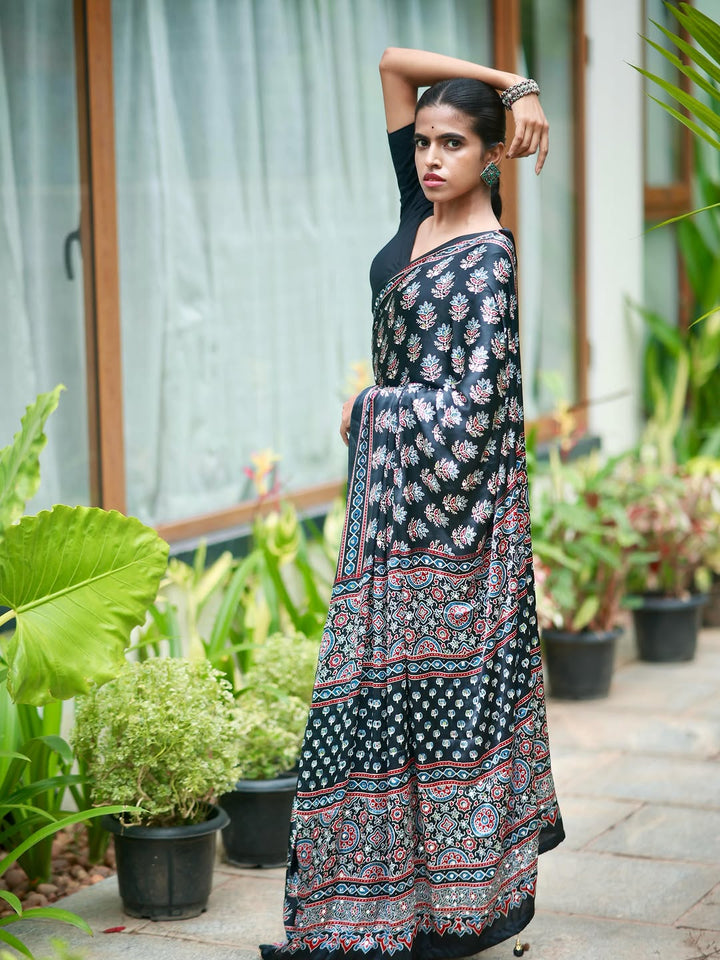 Midnight Black Pure Modal Silk Saree with Ajrakh Inspired Floral Print &amp; Heritage Designer Pall