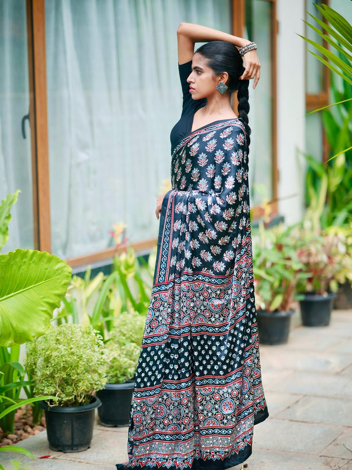 Midnight Black Pure Modal Silk Saree with Ajrakh Inspired Floral Print &amp; Heritage Designer Pall