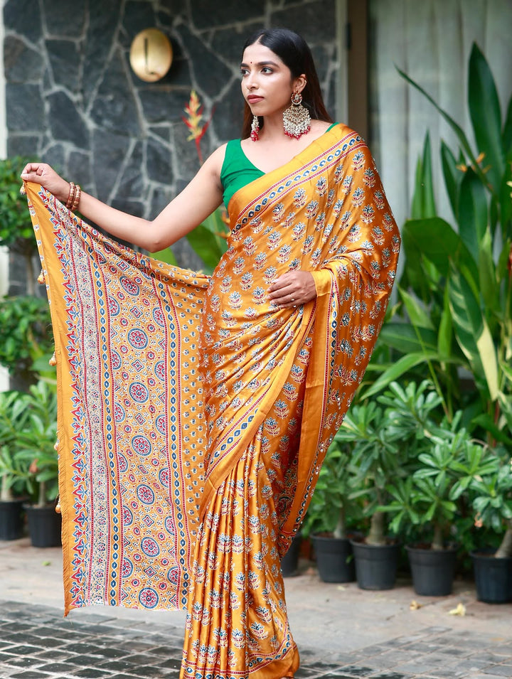 Mustard Gold Pure Modal Silk Saree with Ajrakh Inspired Floral Print &amp; Heritage Designer Pallu