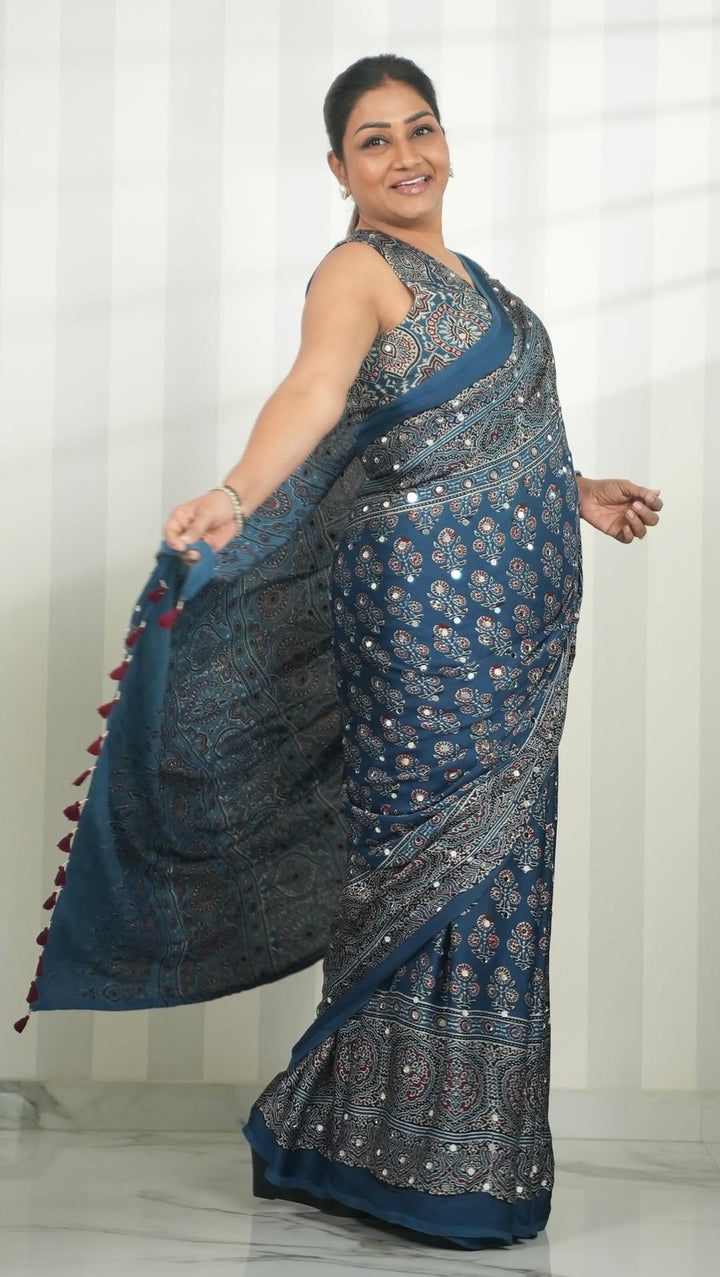 Steel Blue Modal Silk Ajrakh Print Saree with Floral Motifs, Designer Pallu &amp; Tassel Border | Traditional Ethnic Wear Saree