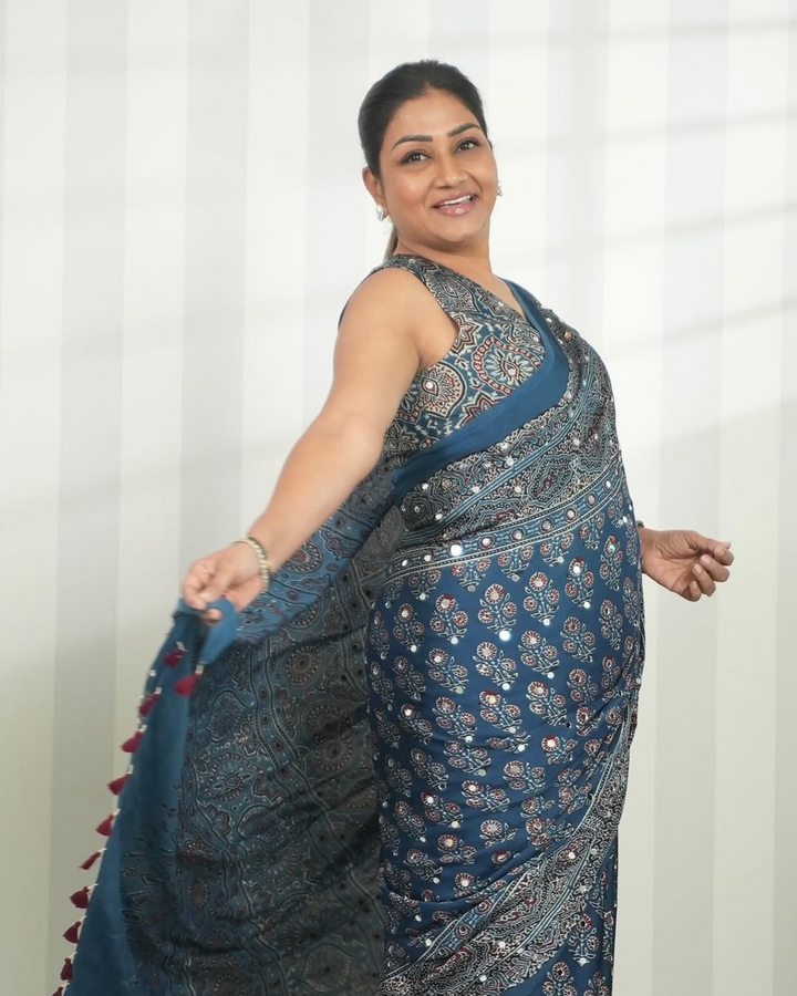 Steel Blue Modal Silk Ajrakh Print Saree with Floral Motifs, Designer Pallu &amp; Tassel Border | Traditional Ethnic Wear Saree