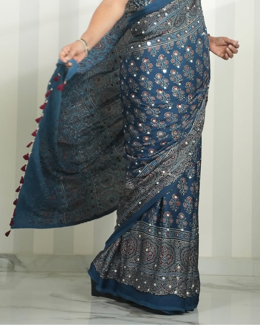 Steel Blue Modal Silk Ajrakh Print Saree with Floral Motifs, Designer Pallu &amp; Tassel Border | Traditional Ethnic Wear Saree