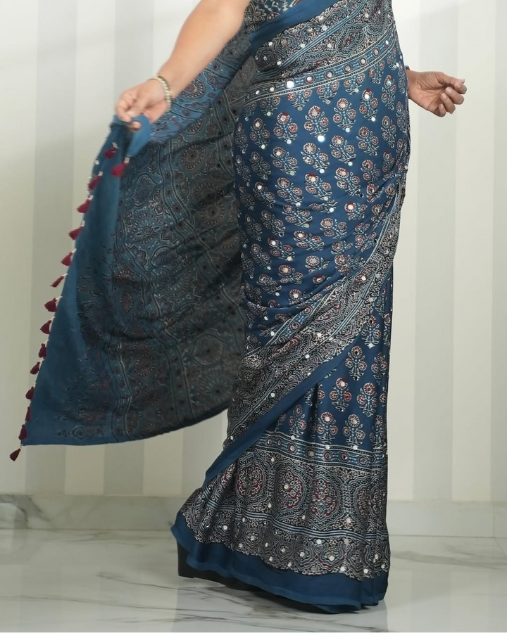 Steel Blue Modal Silk Ajrakh Print Saree with Floral Motifs, Designer Pallu &amp; Tassel Border | Traditional Ethnic Wear Saree