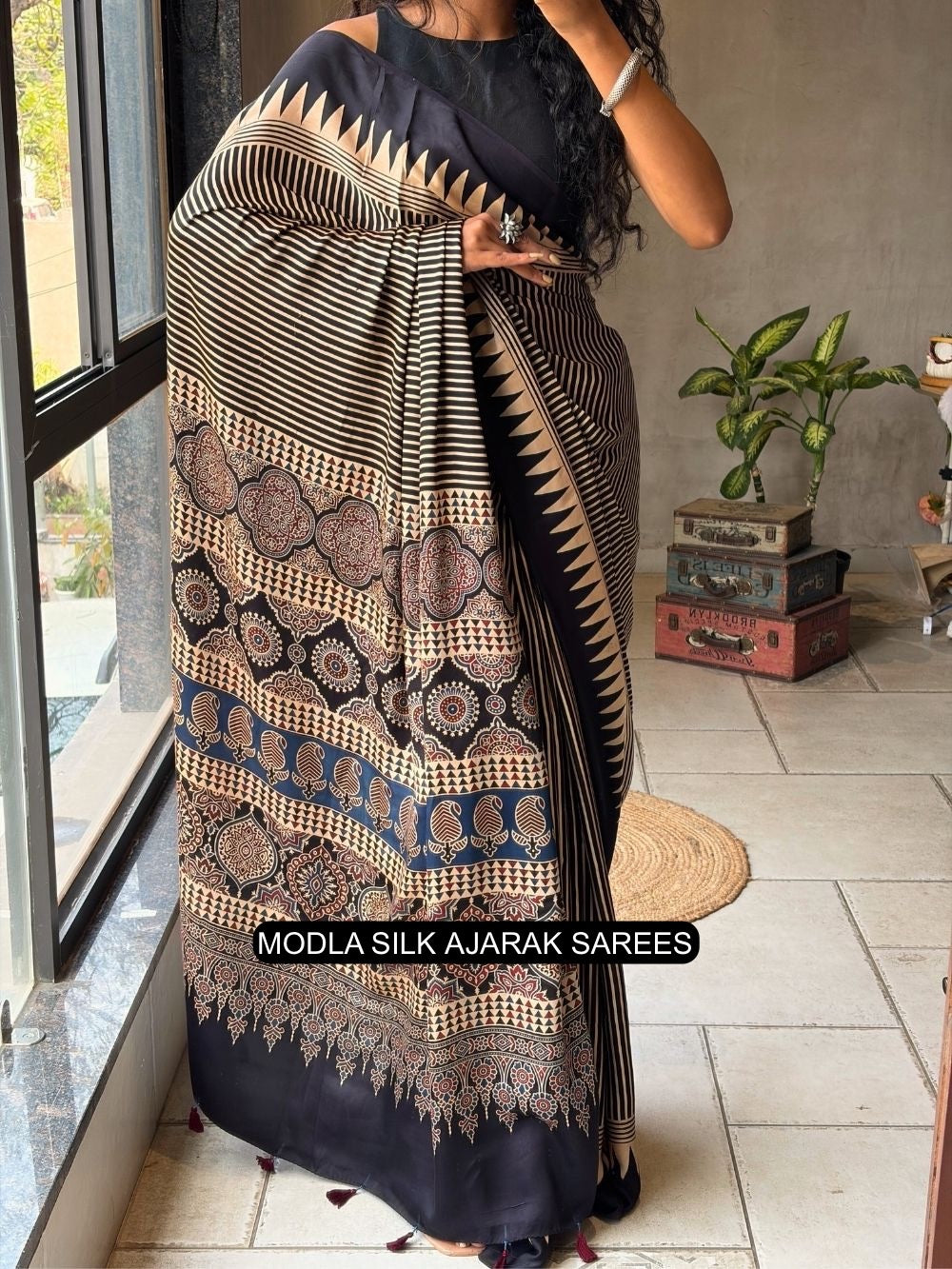 Black &amp; Beige Modal Silk Ajrakh Printed Saree with Geometric Stripes, Heritage Pallu &amp; Tassel Detailing