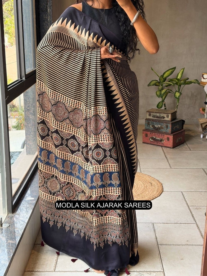 Black &amp; Beige Modal Silk Ajrakh Printed Saree with Geometric Stripes, Heritage Pallu &amp; Tassel Detailing