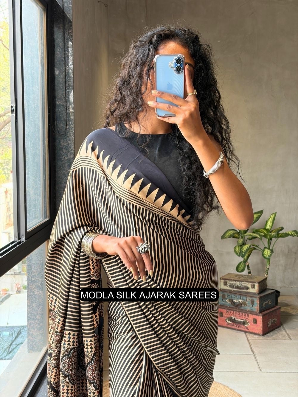 Black &amp; Beige Modal Silk Ajrakh Printed Saree with Geometric Stripes, Heritage Pallu &amp; Tassel Detailing
