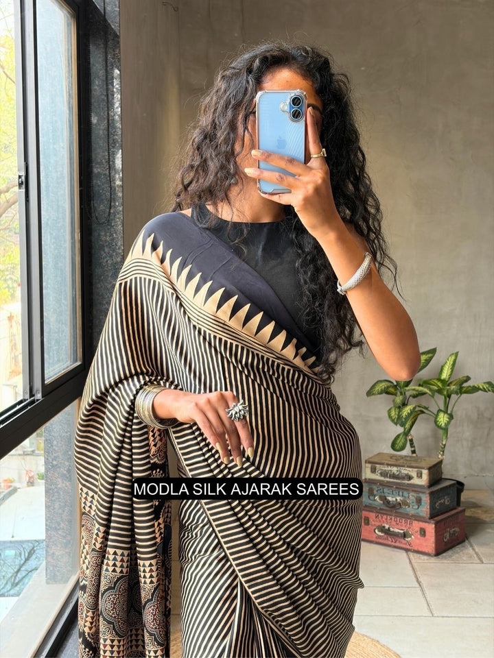 Black &amp; Beige Modal Silk Ajrakh Printed Saree with Geometric Stripes, Heritage Pallu &amp; Tassel Detailing