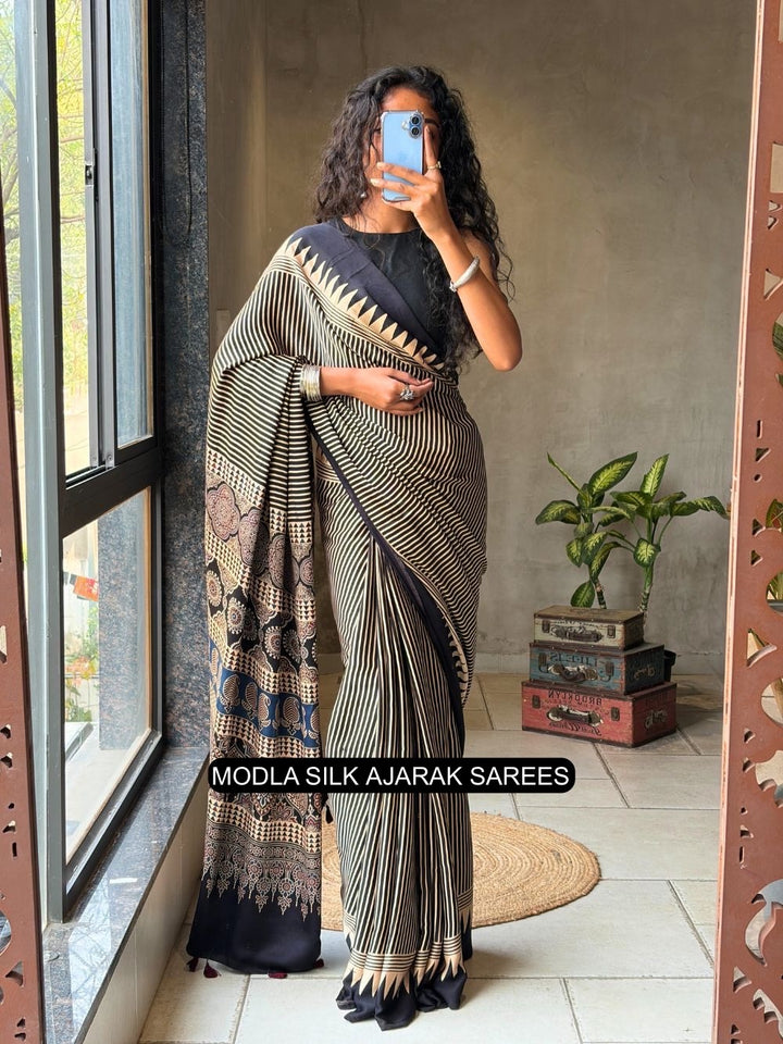Black &amp; Beige Modal Silk Ajrakh Printed Saree with Geometric Stripes, Heritage Pallu &amp; Tassel Detailing