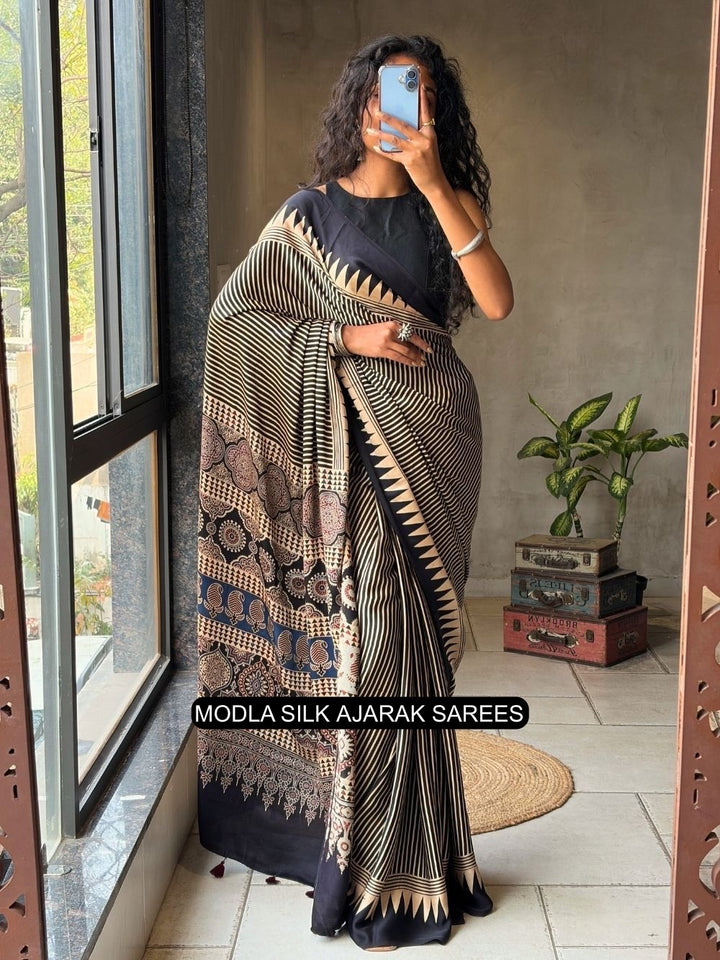 Black &amp; Beige Modal Silk Ajrakh Printed Saree with Geometric Stripes, Heritage Pallu &amp; Tassel Detailing