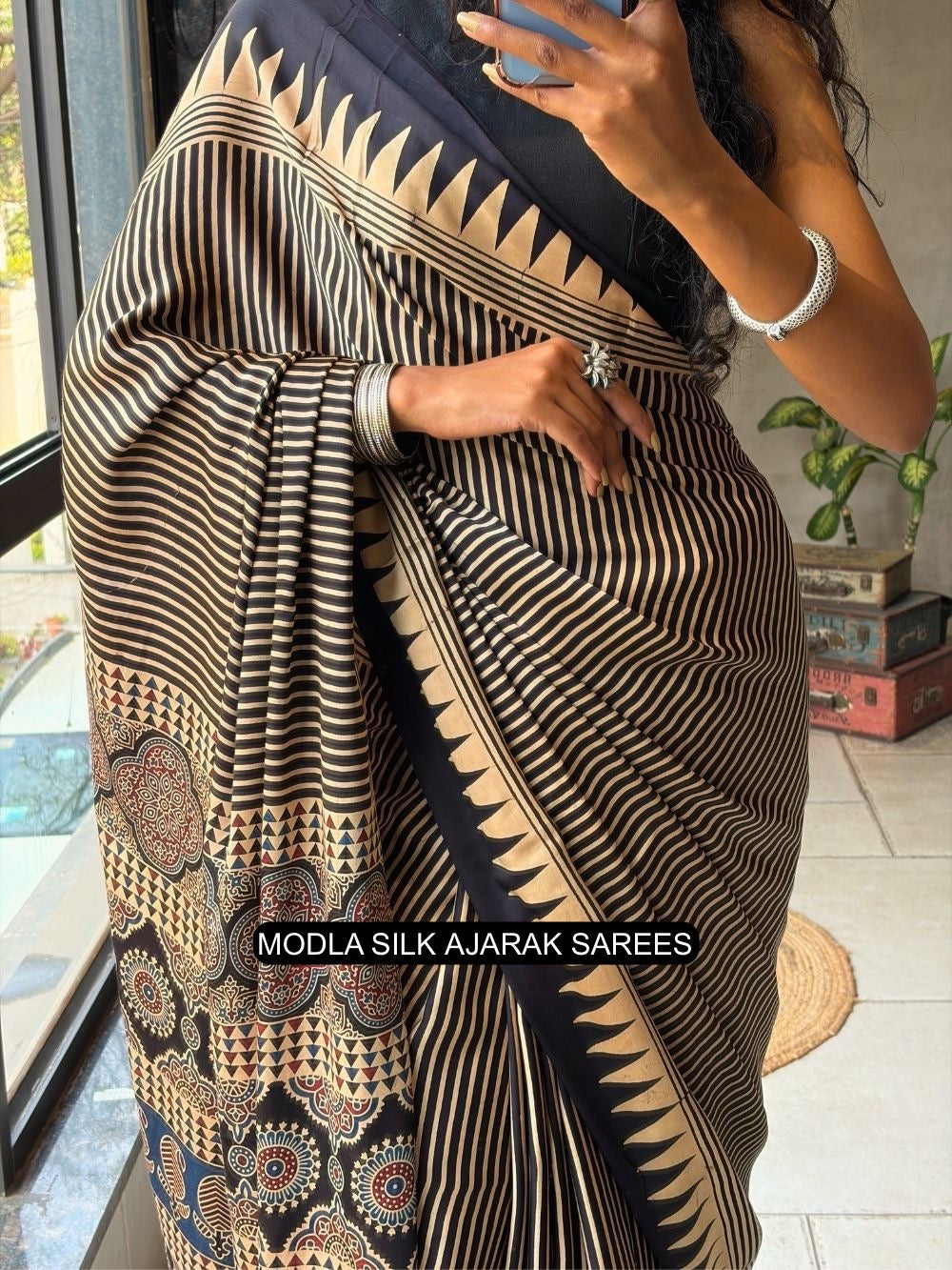Black &amp; Beige Modal Silk Ajrakh Printed Saree with Geometric Stripes, Heritage Pallu &amp; Tassel Detailing