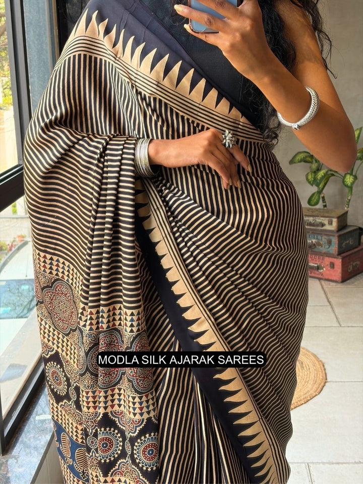 Black &amp; Beige Modal Silk Ajrakh Printed Saree with Geometric Stripes, Heritage Pallu &amp; Tassel Detailing