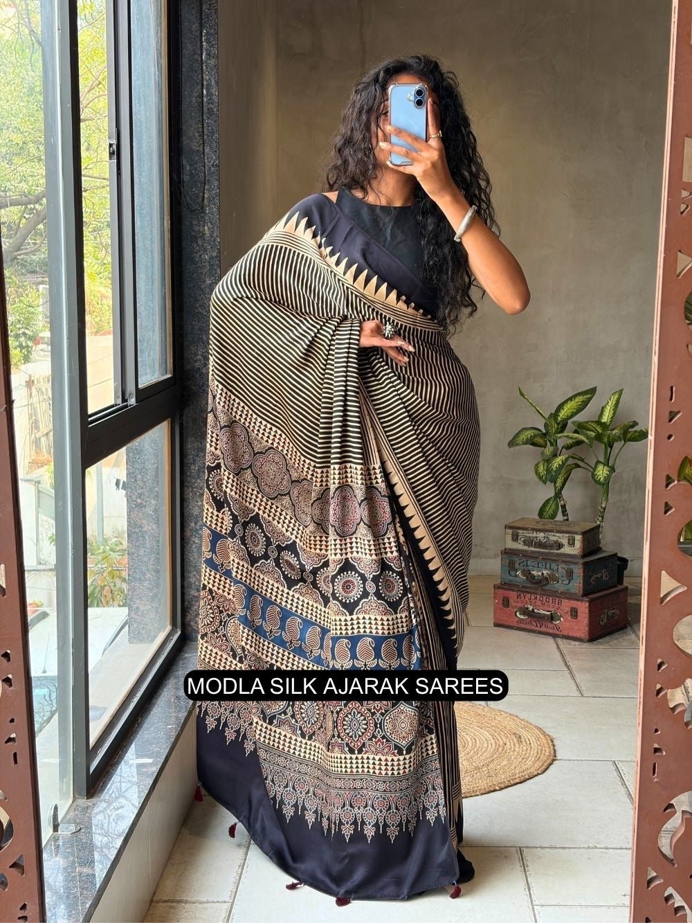 Black &amp; Beige Modal Silk Ajrakh Printed Saree with Geometric Stripes, Heritage Pallu &amp; Tassel Detailing