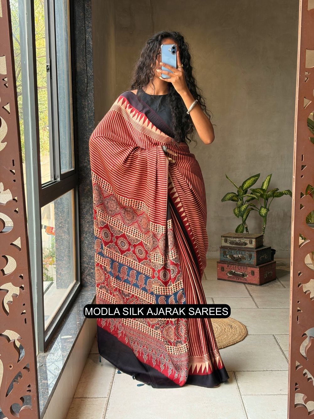 Red &amp; Beige Modal Silk Ajrakh Printed Saree with Striped Design, Heritage Pallu &amp; Tassel Detailing