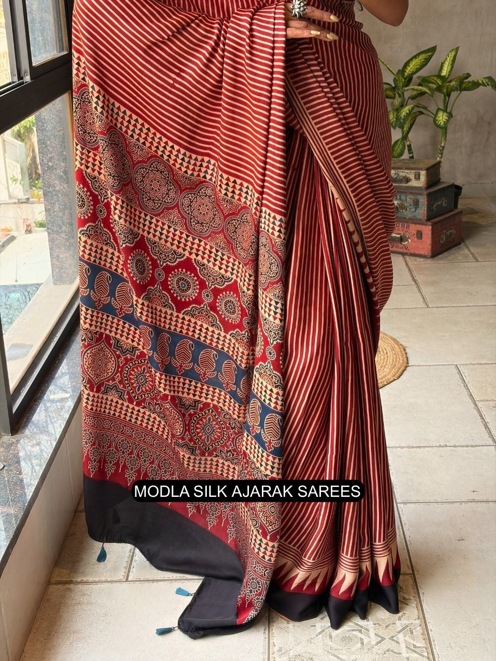 Red &amp; Beige Modal Silk Ajrakh Printed Saree with Striped Design, Heritage Pallu &amp; Tassel Detailing