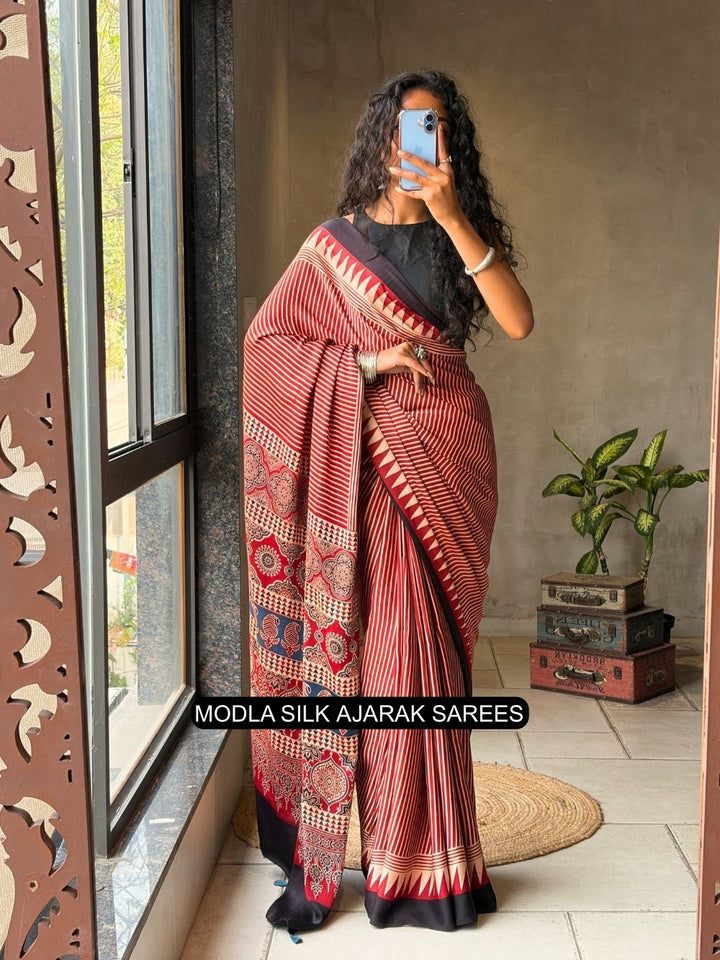 Red &amp; Beige Modal Silk Ajrakh Printed Saree with Striped Design, Heritage Pallu &amp; Tassel Detailing