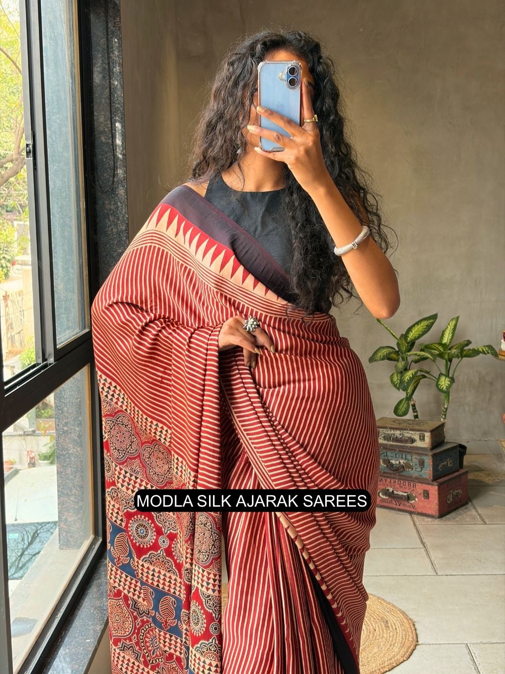 Red &amp; Beige Modal Silk Ajrakh Printed Saree with Striped Design, Heritage Pallu &amp; Tassel Detailing