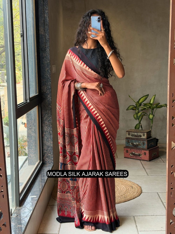 Red &amp; Beige Modal Silk Ajrakh Printed Saree with Striped Design, Heritage Pallu &amp; Tassel Detailing