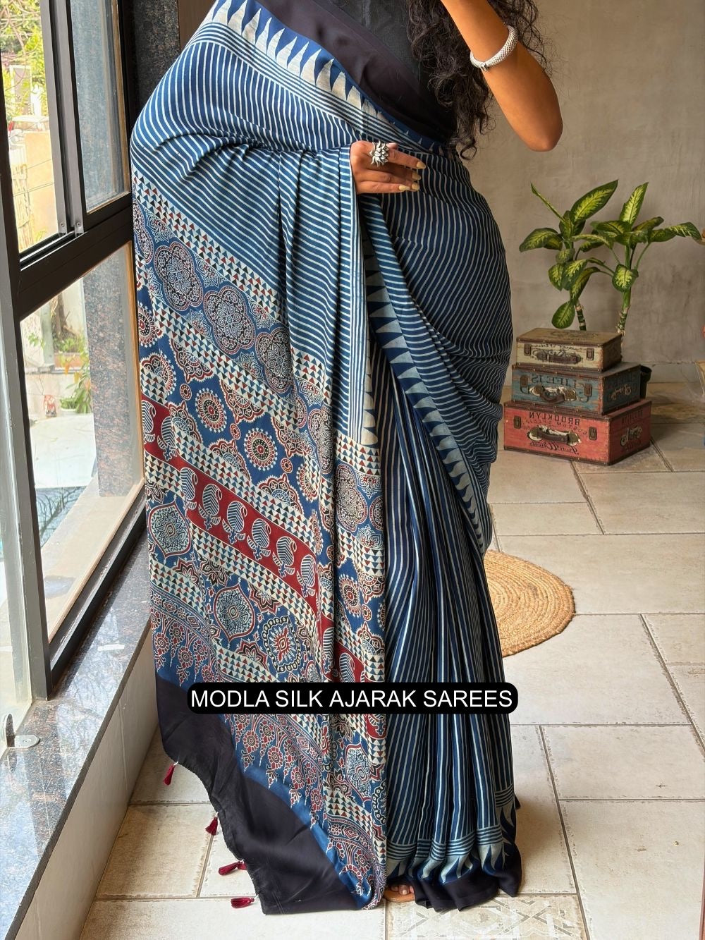 Steel Blue Modal Silk Ajrakh Printed Saree with Striped Design, Heritage Pallu &amp; Tassel Detailing