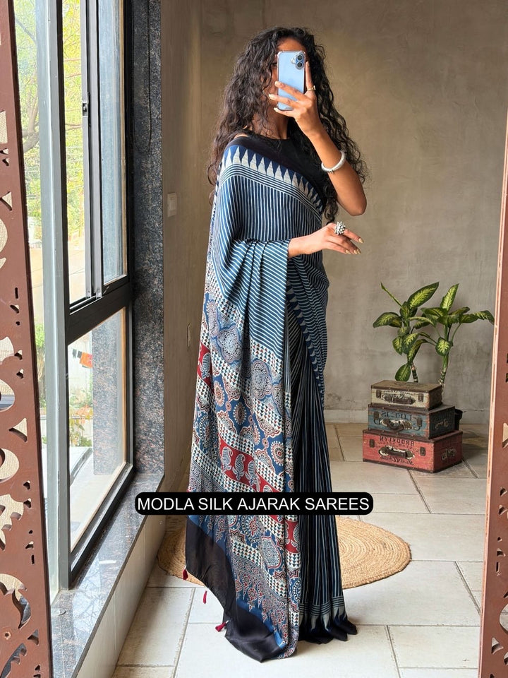 Steel Blue Modal Silk Ajrakh Printed Saree with Striped Design, Heritage Pallu &amp; Tassel Detailing