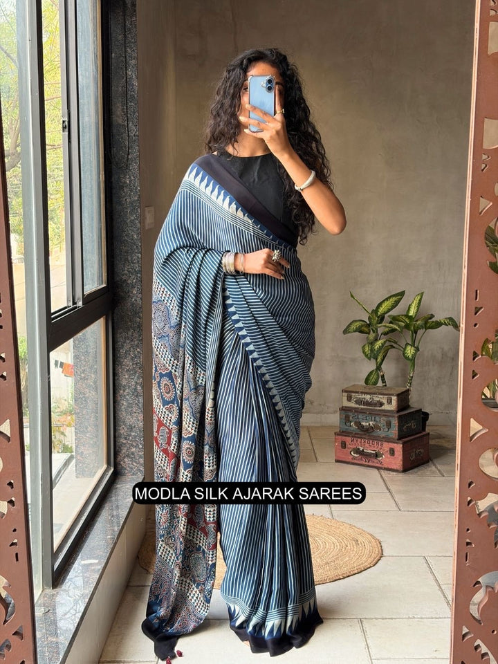 Steel Blue Modal Silk Ajrakh Printed Saree with Striped Design, Heritage Pallu &amp; Tassel Detailing