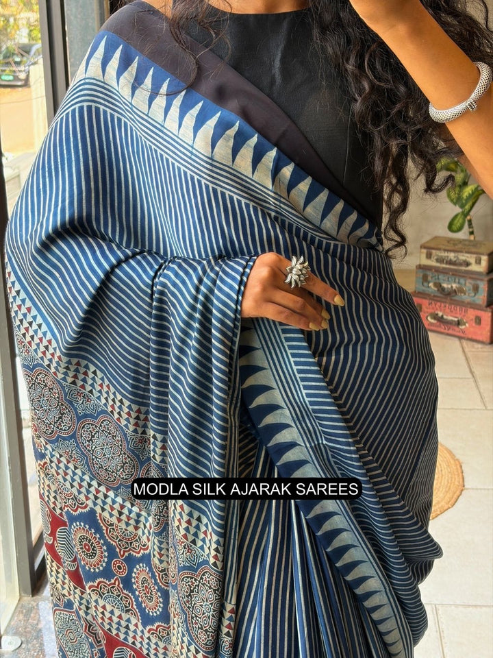 Steel Blue Modal Silk Ajrakh Printed Saree with Striped Design, Heritage Pallu &amp; Tassel Detailing