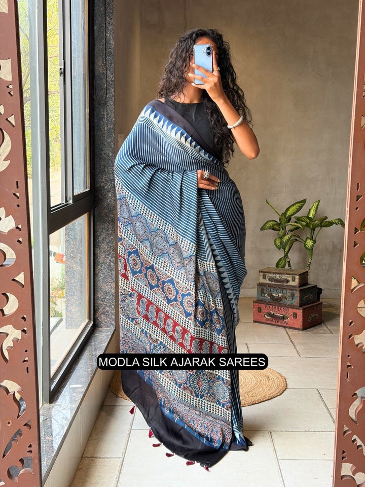 Steel Blue Modal Silk Ajrakh Printed Saree with Striped Design, Heritage Pallu &amp; Tassel Detailing