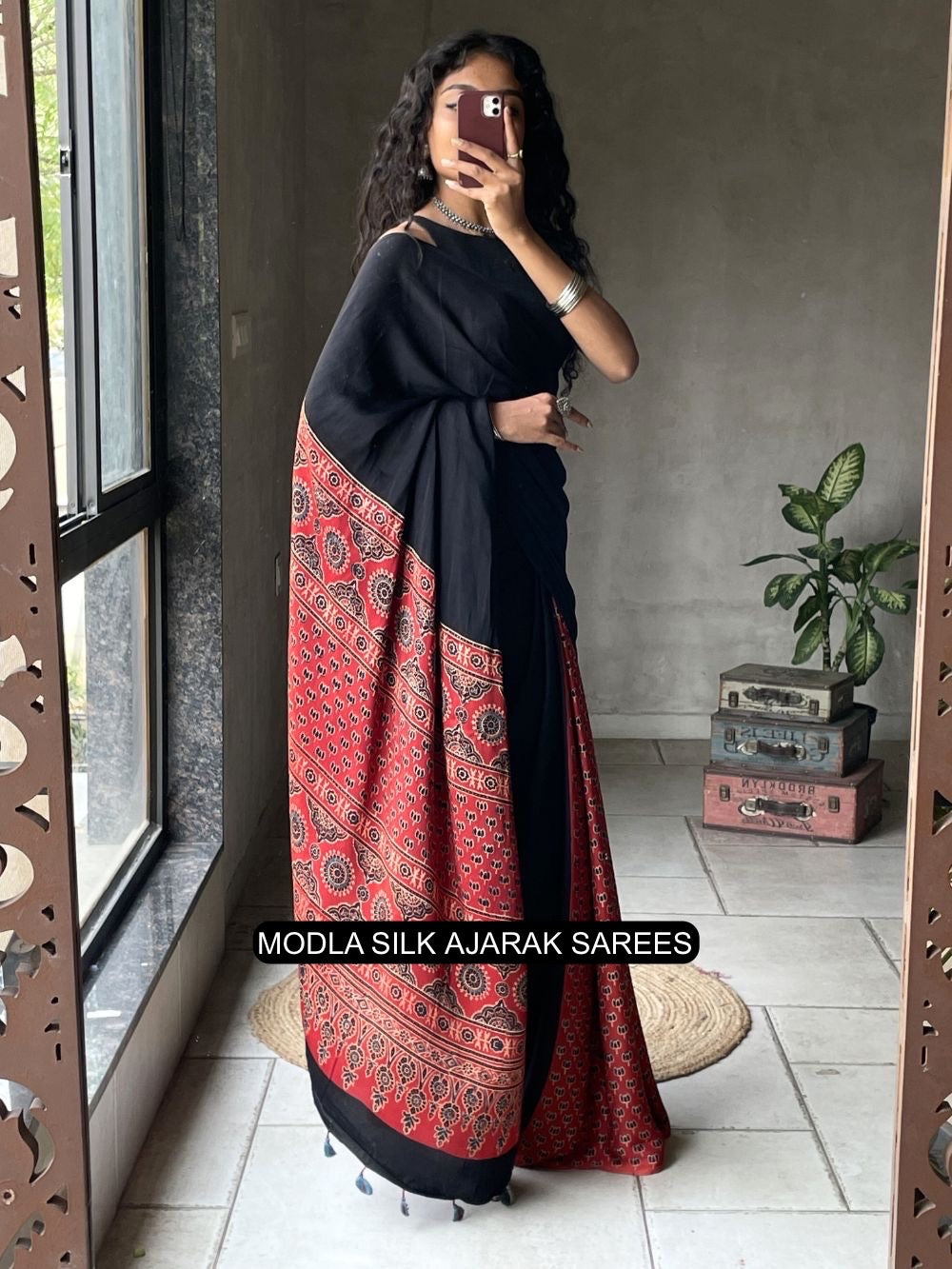 Black &amp; Red Modal Silk Ajrakh Printed Saree with Heritage Border, Traditional Pallu &amp; Tassel Detailing