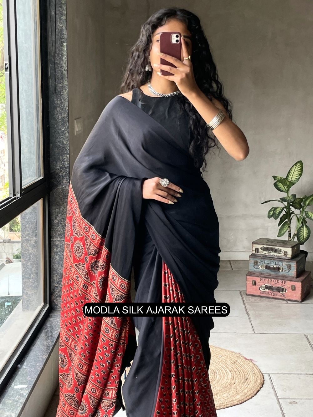 Black &amp; Red Modal Silk Ajrakh Printed Saree with Heritage Border, Traditional Pallu &amp; Tassel Detailing
