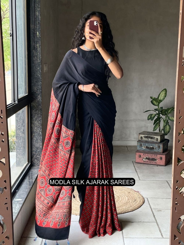 Black &amp; Red Modal Silk Ajrakh Printed Saree with Heritage Border, Traditional Pallu &amp; Tassel Detailing