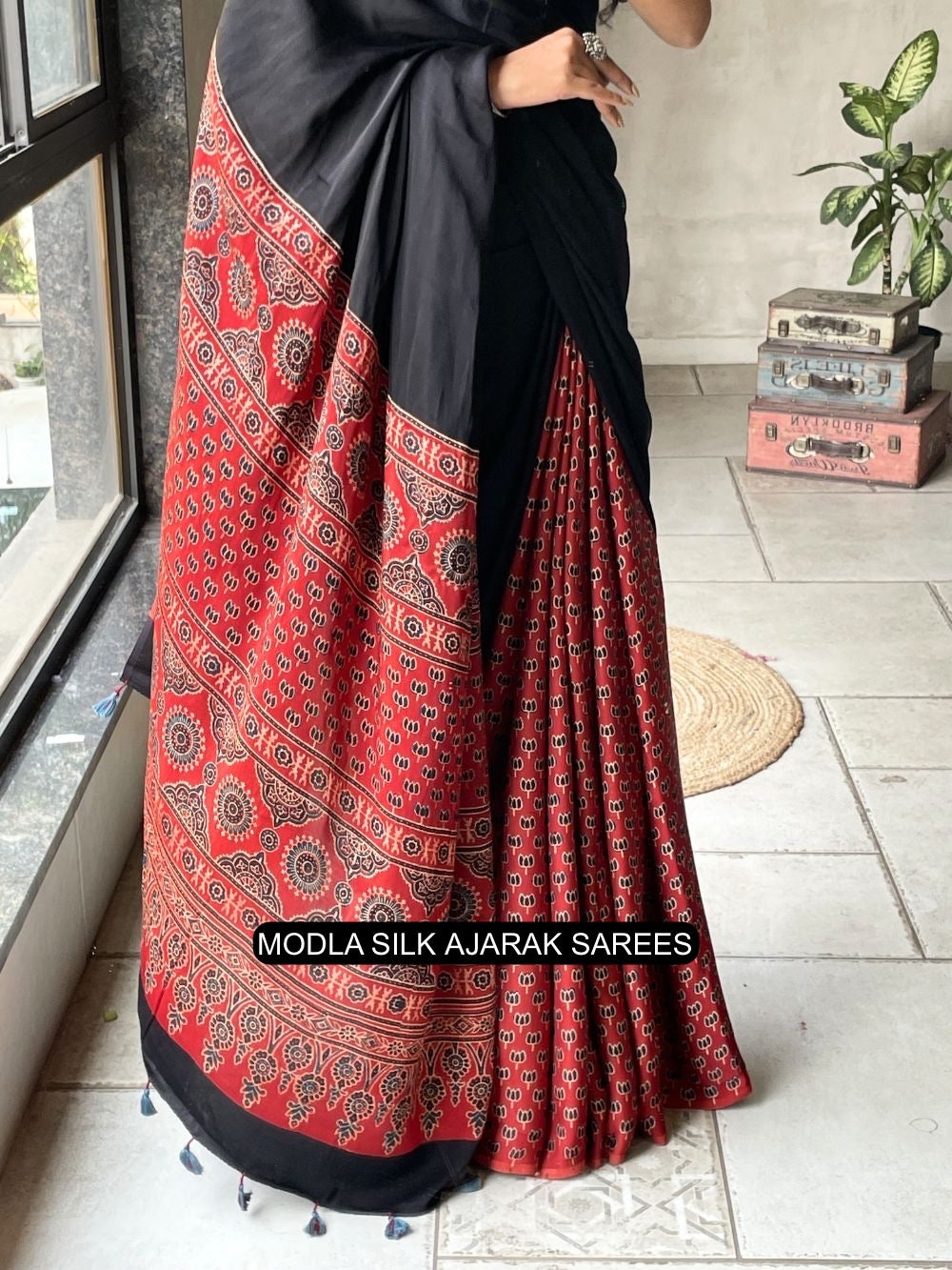 Black &amp; Red Modal Silk Ajrakh Printed Saree with Heritage Border, Traditional Pallu &amp; Tassel Detailing