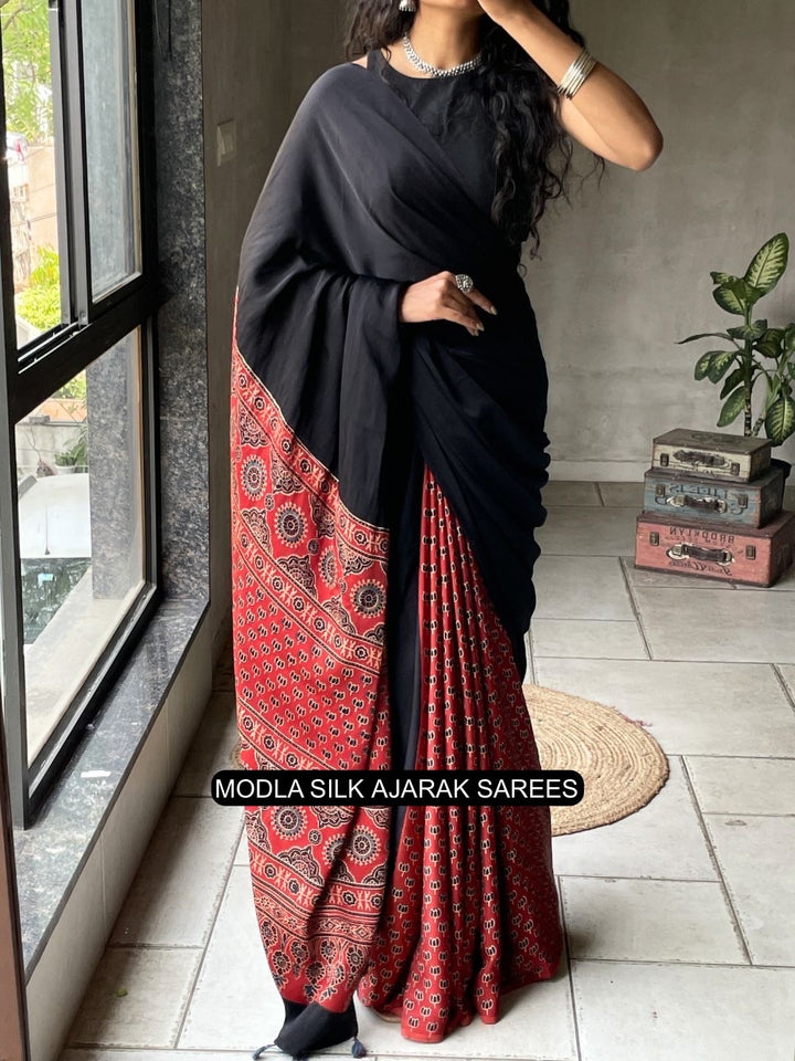 Black &amp; Red Modal Silk Ajrakh Printed Saree with Heritage Border, Traditional Pallu &amp; Tassel Detailing