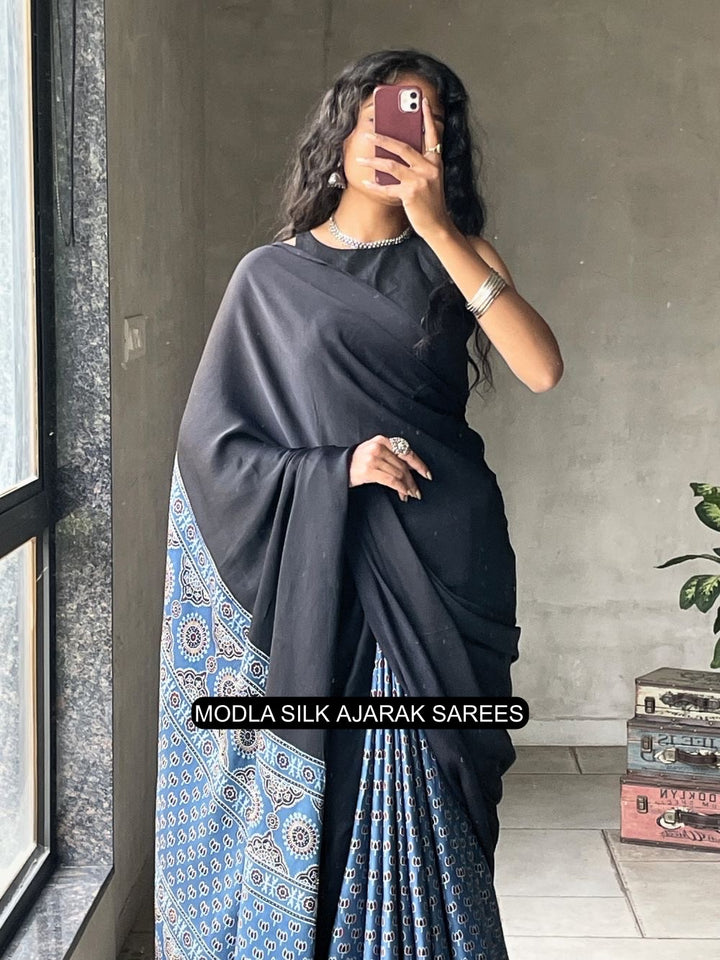 Black &amp; Indigo Blue Modal Silk Ajrakh Saree with Heritage Printed Pallu, Traditional Motifs &amp; Tassel Detailing