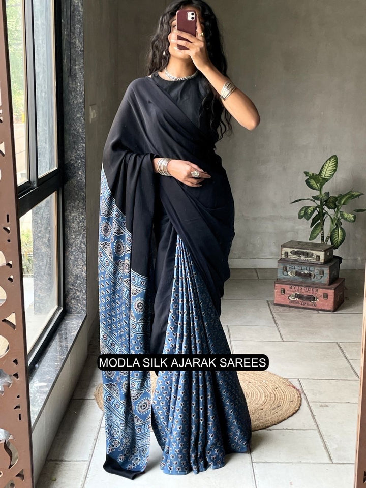 Black &amp; Indigo Blue Modal Silk Ajrakh Saree with Heritage Printed Pallu, Traditional Motifs &amp; Tassel Detailing