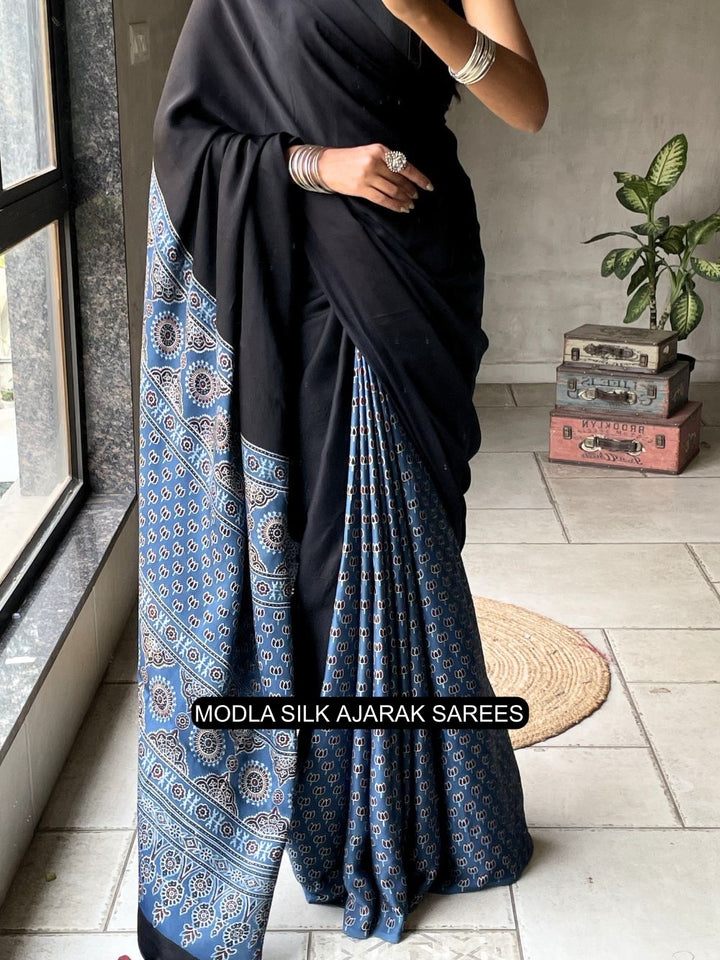 Black &amp; Indigo Blue Modal Silk Ajrakh Saree with Heritage Printed Pallu, Traditional Motifs &amp; Tassel Detailing