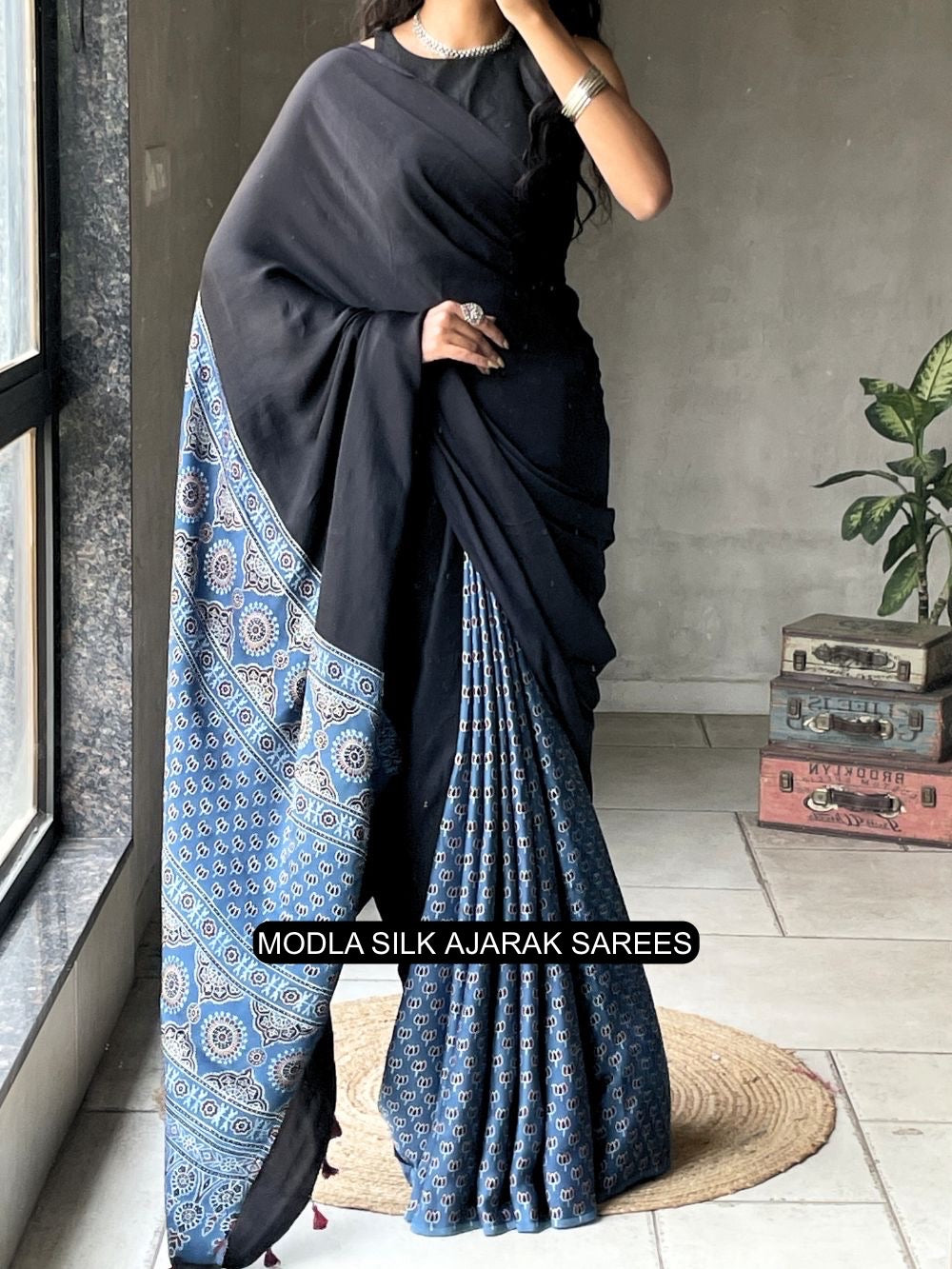 Black &amp; Indigo Blue Modal Silk Ajrakh Saree with Heritage Printed Pallu, Traditional Motifs &amp; Tassel Detailing