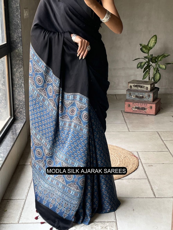 Black &amp; Indigo Blue Modal Silk Ajrakh Saree with Heritage Printed Pallu, Traditional Motifs &amp; Tassel Detailing