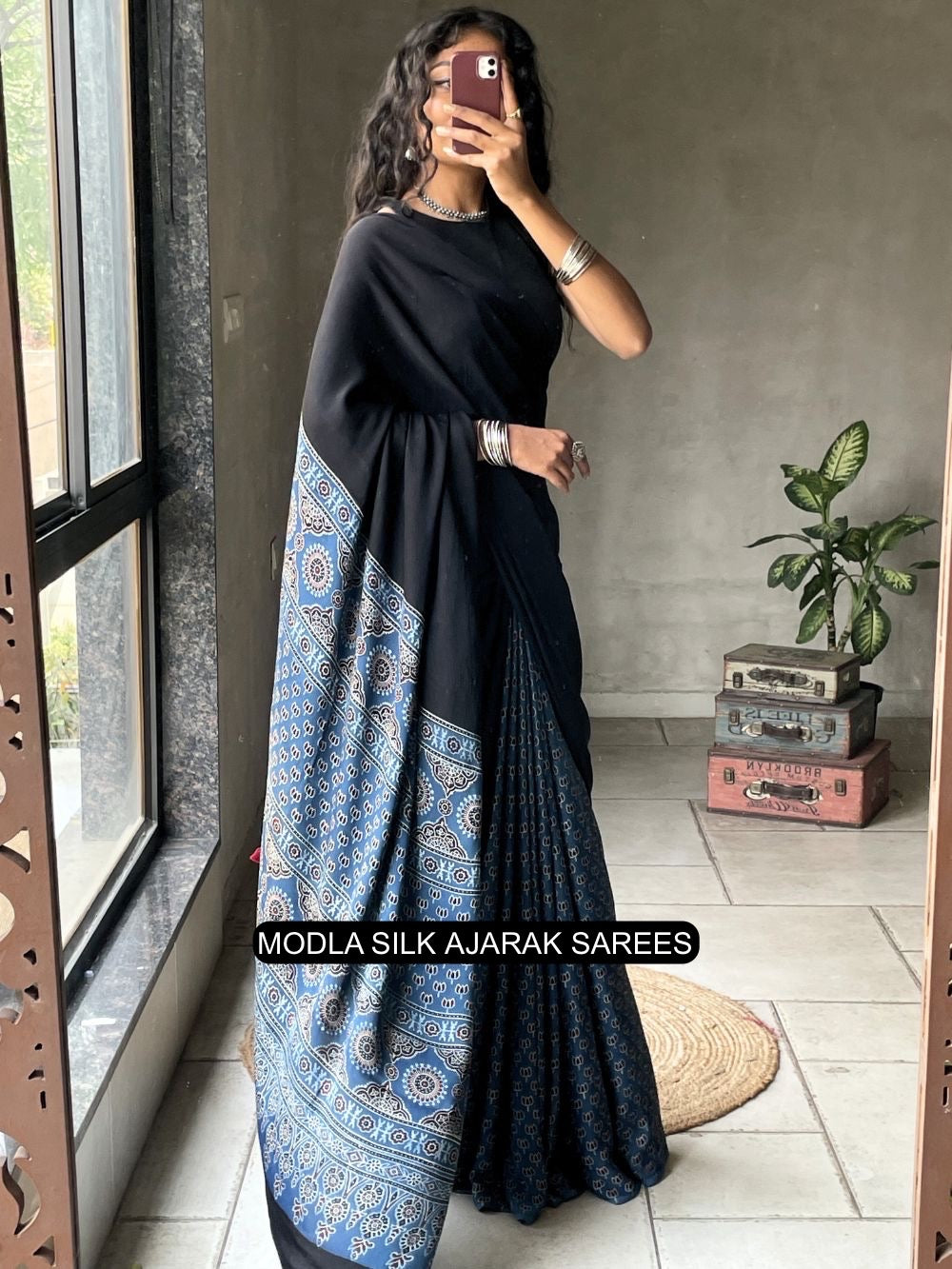 Black &amp; Indigo Blue Modal Silk Ajrakh Saree with Heritage Printed Pallu, Traditional Motifs &amp; Tassel Detailing