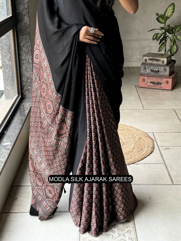 Black Modal Silk Ajrakh Printed Saree with Traditional Heritage Pallu, Intricate Ethnic Motifs &amp; Tassel Detailing
